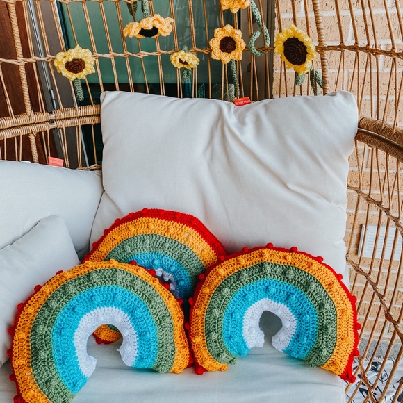 Hand Crafted Other - Handmade Crochet Rainbow Pom Pom Accent Pillow